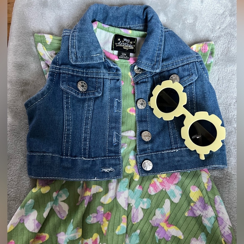 12 month Kids Denim Vest with Floral Dress